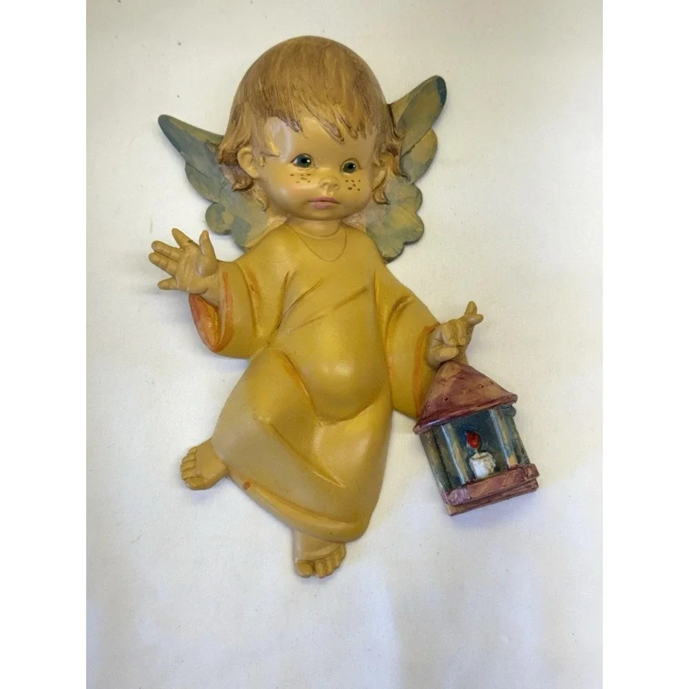 Vintage Child Angel Holding Lantern Wall Hanging Display Made In Italy